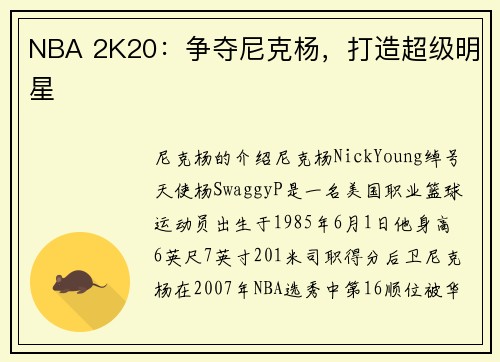 NBA 2K20：争夺尼克杨，打造超级明星