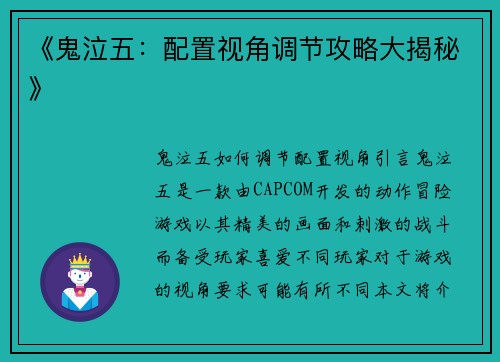 《鬼泣五：配置视角调节攻略大揭秘》