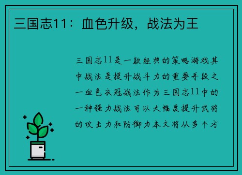 三国志11：血色升级，战法为王