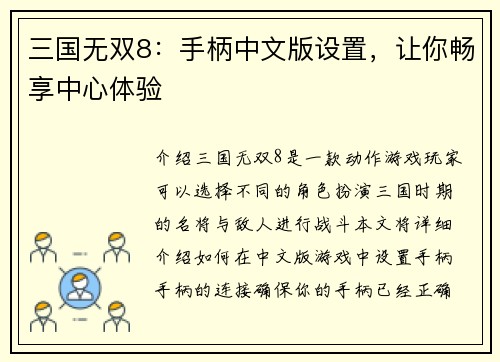 三国无双8：手柄中文版设置，让你畅享中心体验